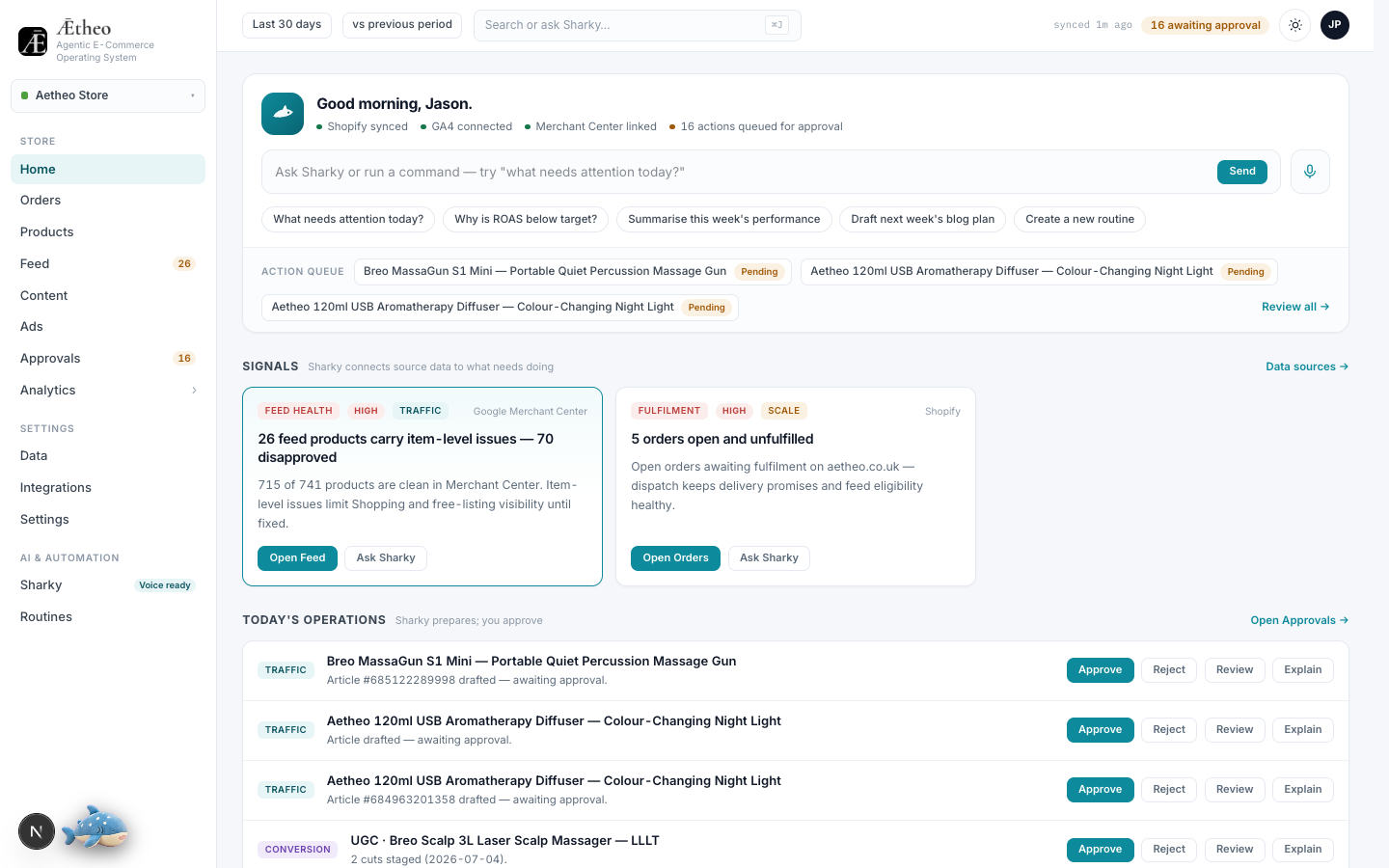 Aetheo AIOS command centre — light theme